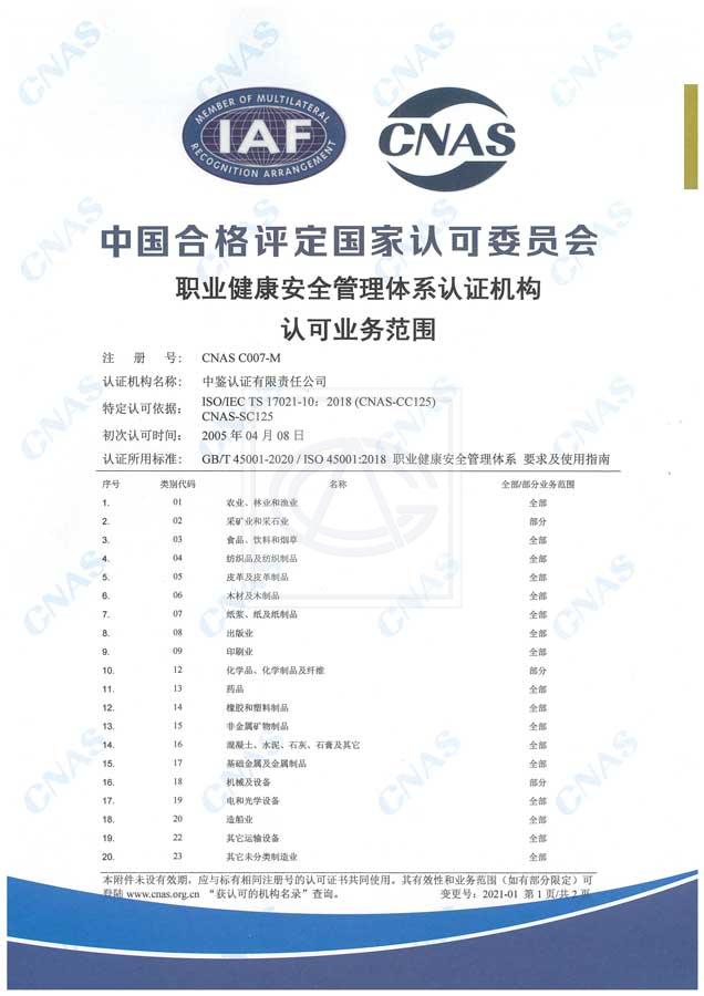 中国合格评定国家认可委员会（CNAS）认可证书附件（职业健康安全管理体系-1）