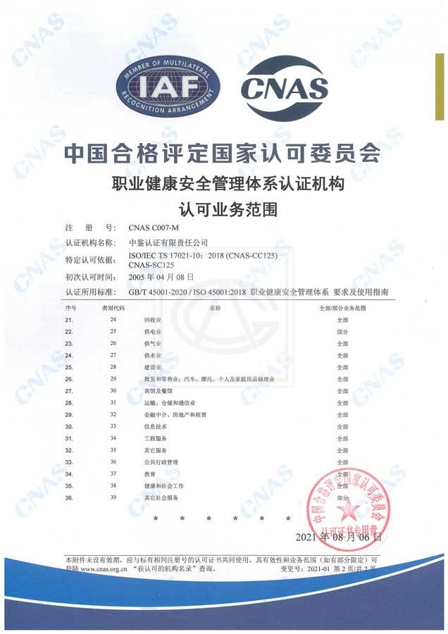 中国合格评定国家认可委员会（CNAS）认可证书附件（职业健康安全管理体系-2）